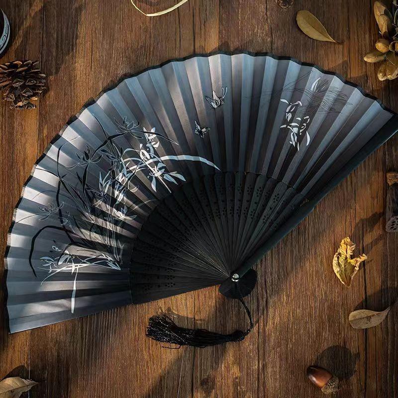 Chinese Japanese Flower Print Folding Silk Bamboo Fan Ornament Art Craft Gift Wedding Dance Performance Hand Fan