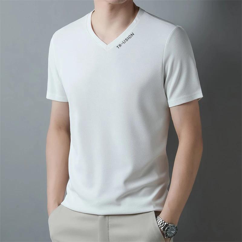 Men's Casual and Fashionable V-neck Solid Color Short Sleeved T-shirt Breathable and Comfortable Summer Versatile Top