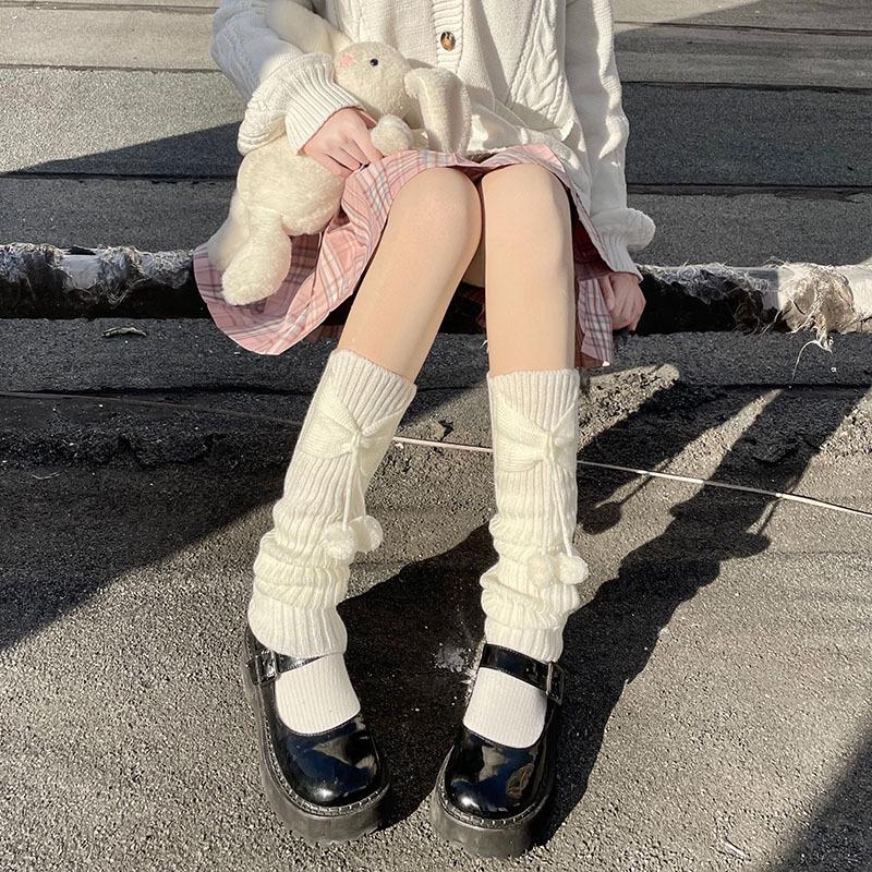 Autumn & Winter Warm Bow Leg Warmers, Cute Lolita Style Pompom Socks for Women