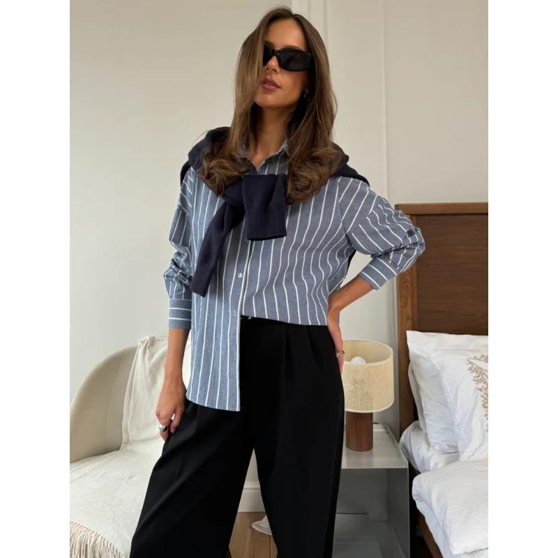 Ladies's Summer Striped Shirt Breathable Lapel Long-sleeved Shirt
