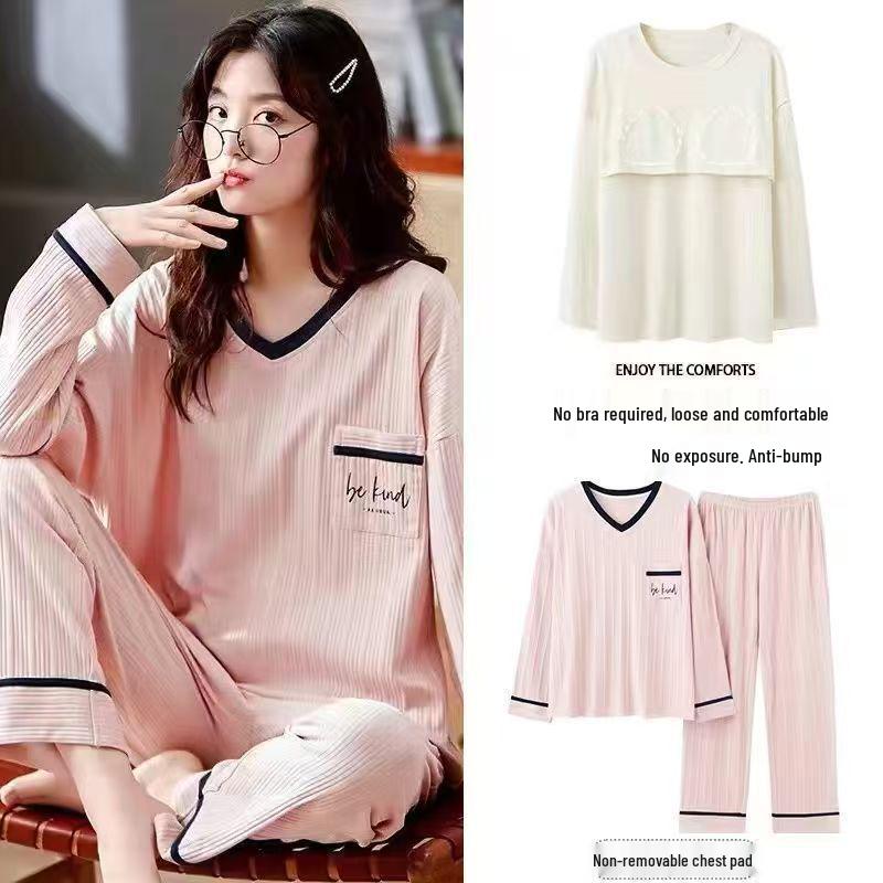 Women's Casual Long Sleeve Pajama Set with Chest Pads, Spring/Fall/Winter, Plus Size, Loose Fit, Suitable for Outdoor Wear