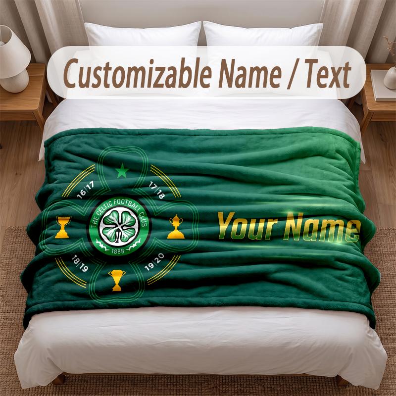 Celtic FC Printed Flannel Blanket Custom Name Text Soft Warm Throw For Bedroom Holiday Gift