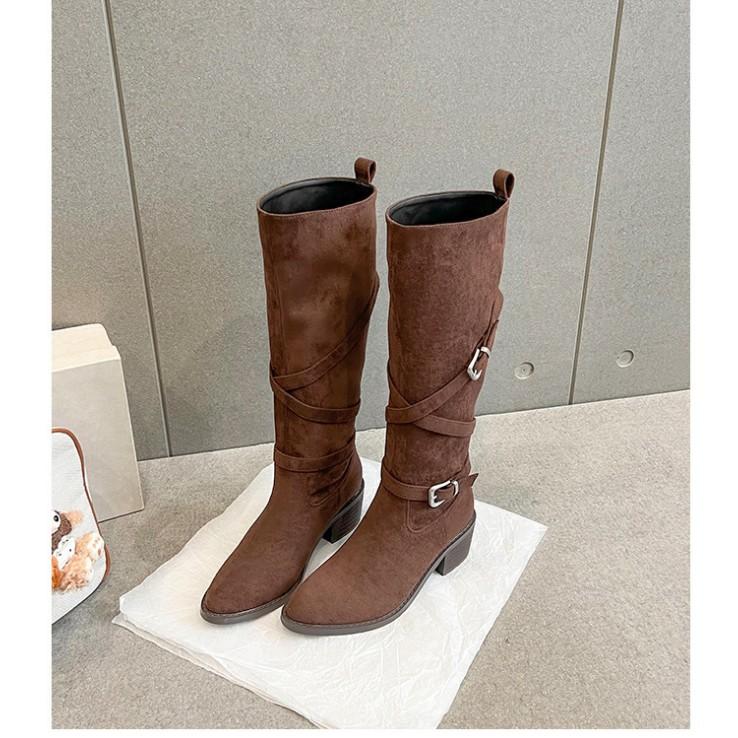 2025 new retro pointed belt buckle thick-soled boots Maillard autumn and winter versatile temperament thin knight boots