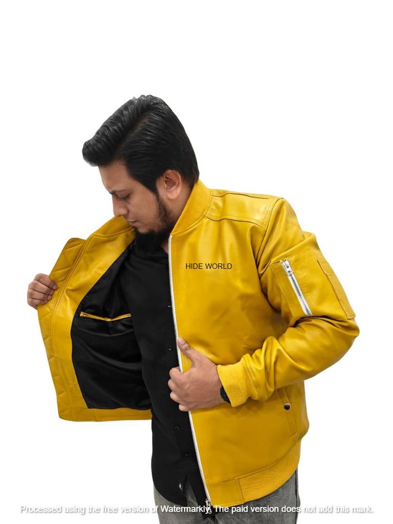 Stylische Gelbe Jacke Herren Bomber Biker Weiche Lammfell Lederjacke Handarbeit