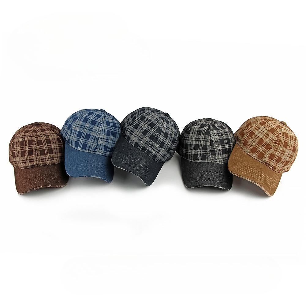 Vintage Plaid Denim Baseball Cap for Men Women Structured Hard Top Tartan Check Sun Hat Casual Retro Peaked Cap