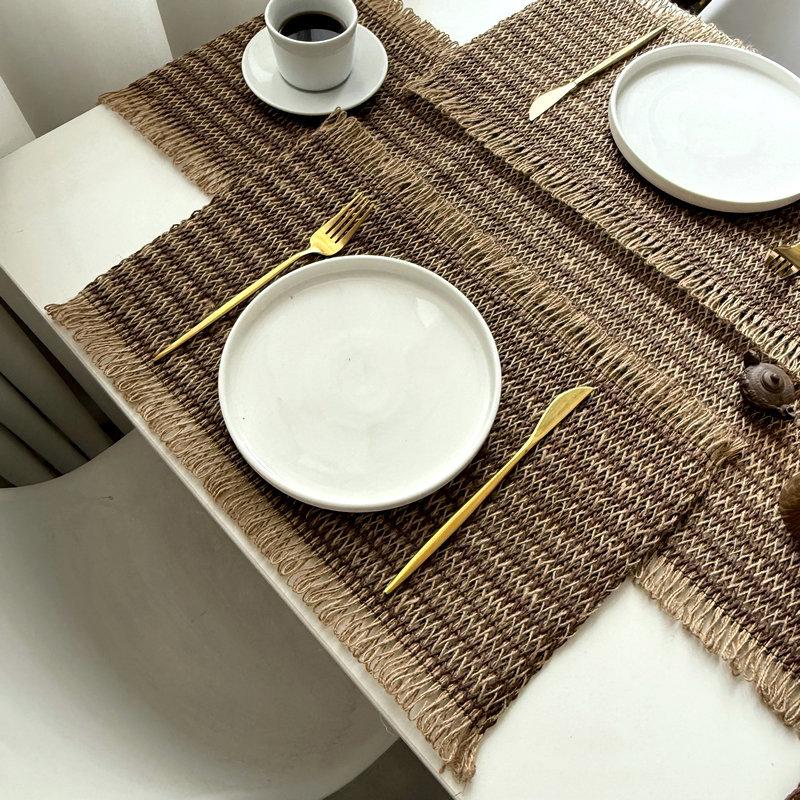 INS-style Paper Rope Woven Placemat, Color-block Holiday Decorative Mat Creative Paper and Jute Blended Heat-resistant Table Mat