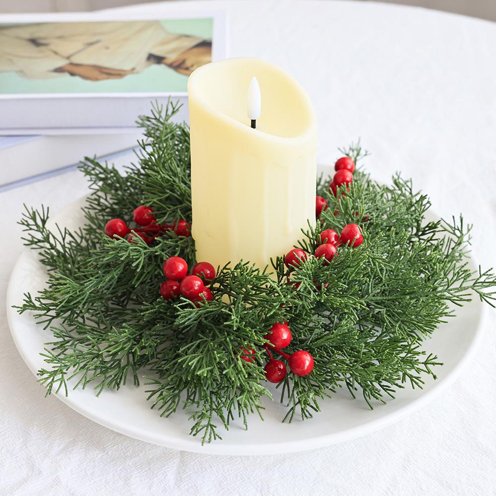 Candlestick Christmas Wreath with Cypress Leaves and Red Berries for Front Door and Yard Decoration