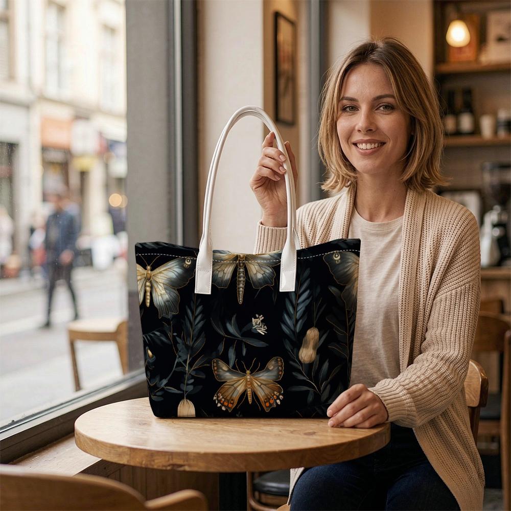 Moth Pattern Tote Bag Elegant Dark Print Shopping Handbag Vintage Insect Pattern Carryall Shoulder Bag