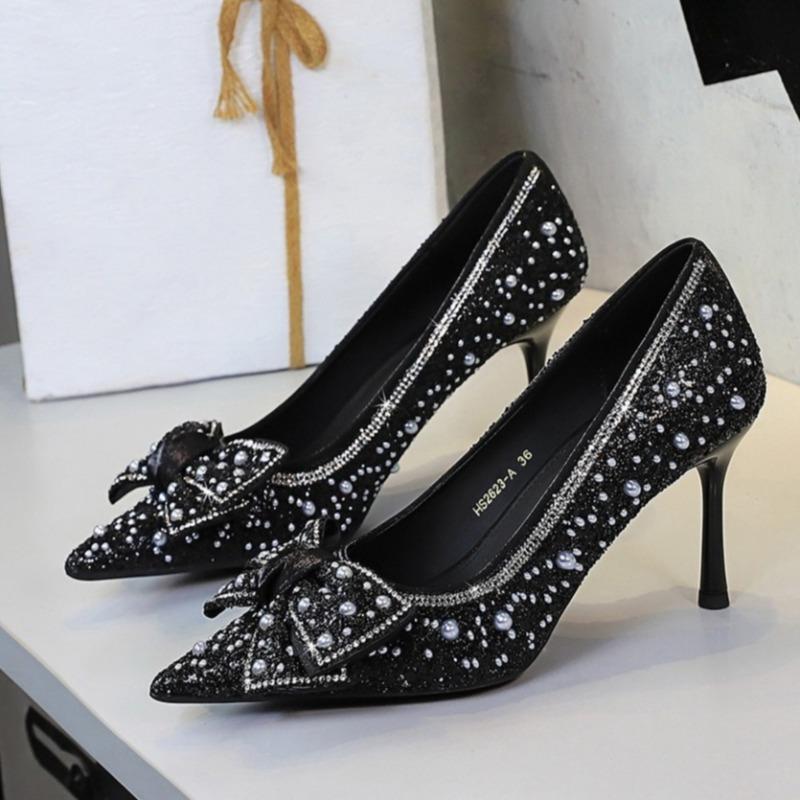 

Luxury Bling Bow Wedding Party Women Pumps Elegant Pointed Toe Sparkling Glitter Stilettos Dress Ladies High Heels Shoes 40 чорний