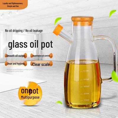 Large Wine Bottle with Handle & Bamboo Lid, High Borosilicate Glass Oil Pot with Scale, Dustproof Silicone Mouthpiece, Leak-Proof Oil Storage.