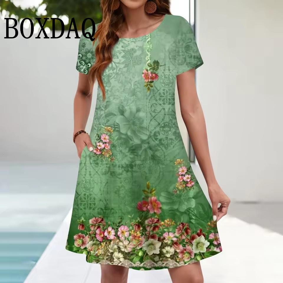 Women's Dresses Summer Fashion Round Neck Loose Bohemian Vacation Dresses Vintage Casual Short Sleeve Woman Clothes