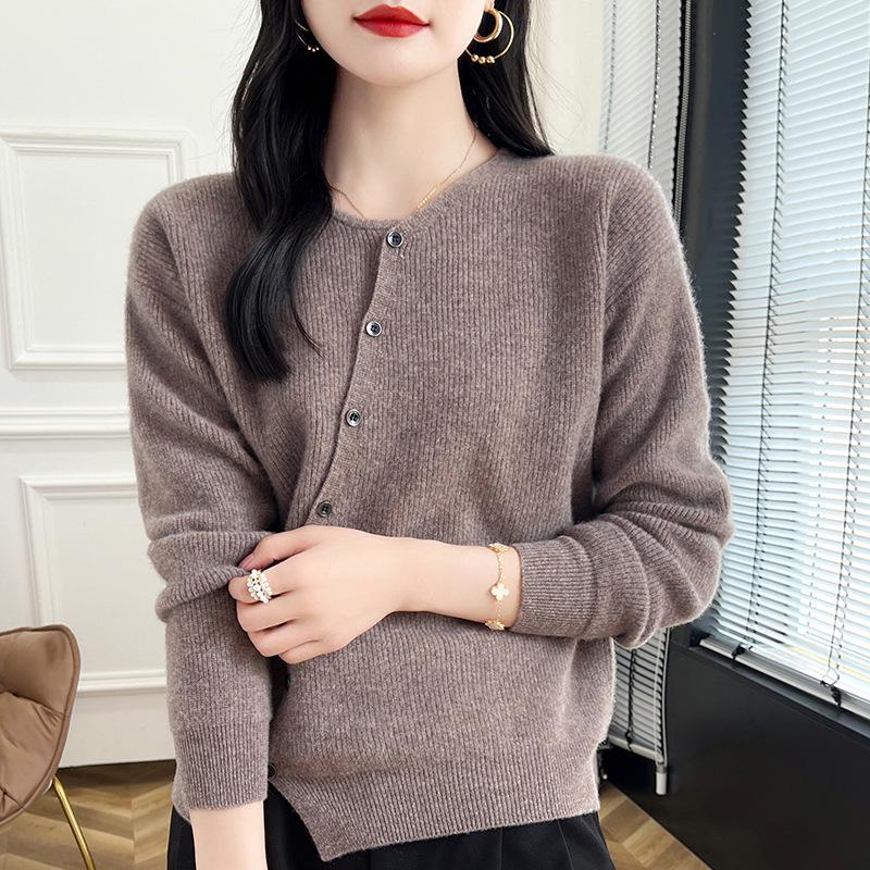 Autumn/Winter Wool Round Neck Asymmetrical Button Cardigan - Women's Loose Solid Color Cashmere Knitwear
