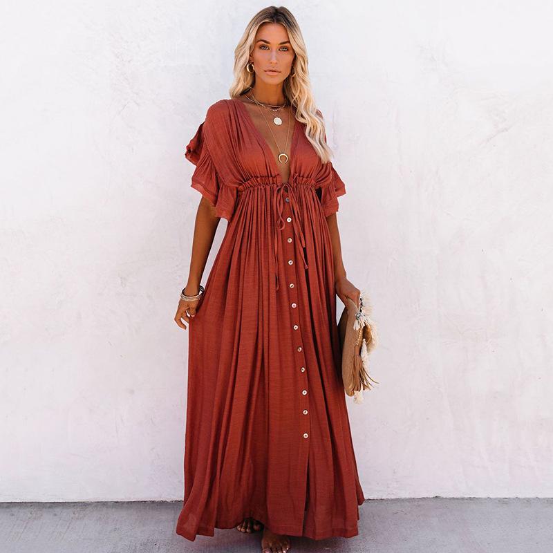 New Bamboo Cloth Button Waist Rope Long Skirt Cardigan Vacation Beach Jacket Sunscreen Clothes Long Skirt Bikini Blouse Women