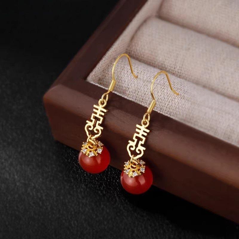 

[Boya] New Chinese Style Happy Marriage Earrings Xi Character Chinese Style Red Han Dynasty New Year Ear Studs Earrings Happy word red agate earrings