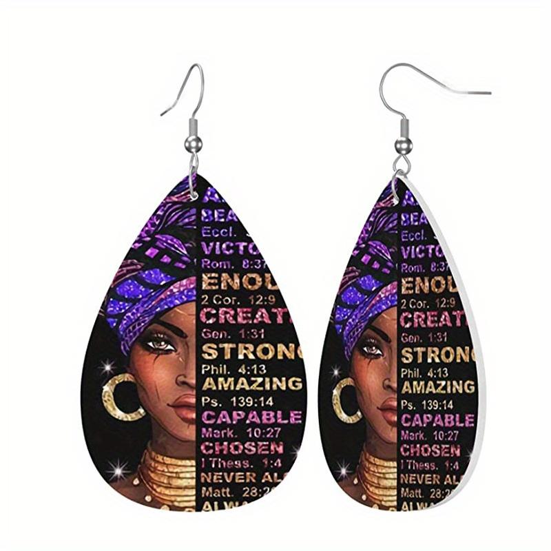 Boohemia Gypsy Girl with Earrings Print Waterdrop PU Earrings for Women Girls Letter Dangle Earrings Party Decorations New Year Christmas Gifts