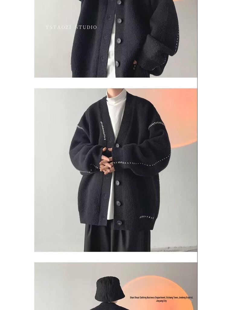 Cardigan Maglione Cappotto Giapponese Retro da Uomo con Scollo a V - Maglieria a Vestibilità Larga per Coppie Autunno/Inverno