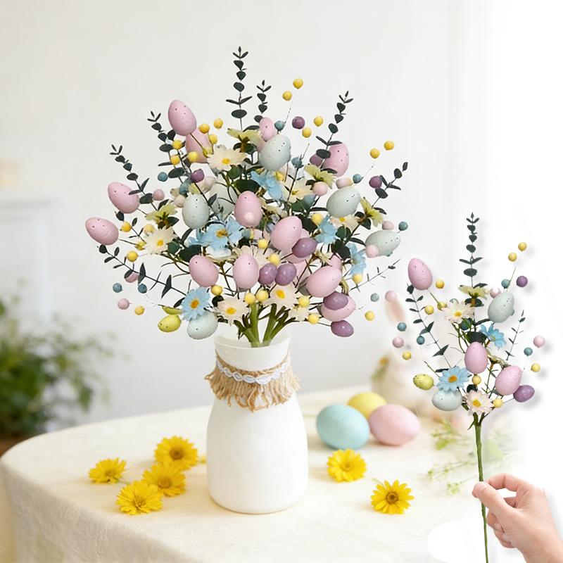 Easter Party Eggs Branch Decoration with Artificial Flower DIY Flower Bouquet for Table Easter Garden Party Desktop Decoration