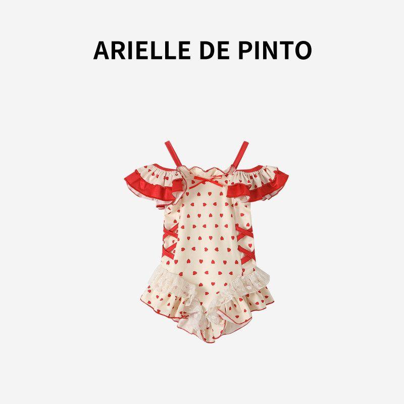 French Arielle De Pinto Girls  Swimsuit, Fashionable Polka Dot Swimsuit, Cute Kidsren s Vacation Swimsuit Red 120
