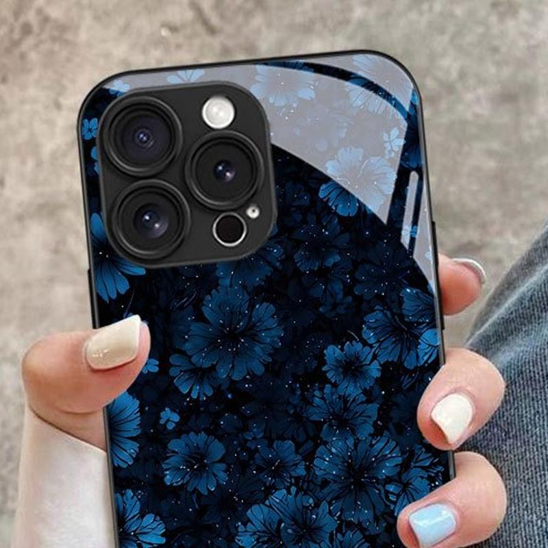 Deep Blue Floral Pattern Tempered Glass Phone Case For Samsung Galaxy S26 S25 S24 S23 Ultra Plus FE Shockproof Cover