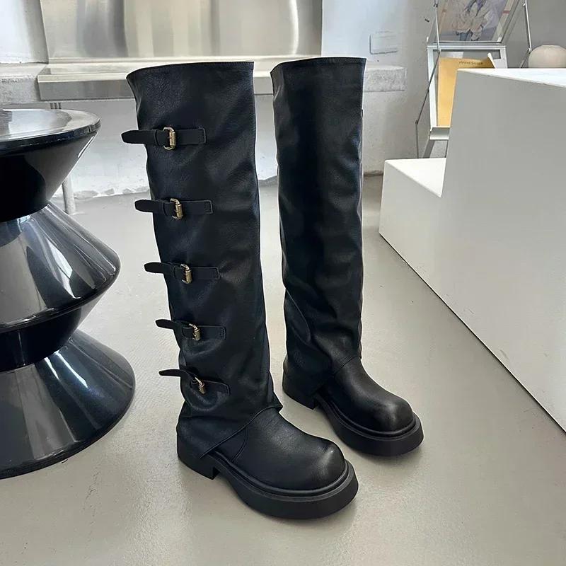 

Роскошные сапоги на платформе до колена, кожаные женские туфли в стиле панк, модные туфли на толстом каблуке с пряжкой 2025 года, тренд зимы и снега, Botas Mujer Zapatos 37 чёрный