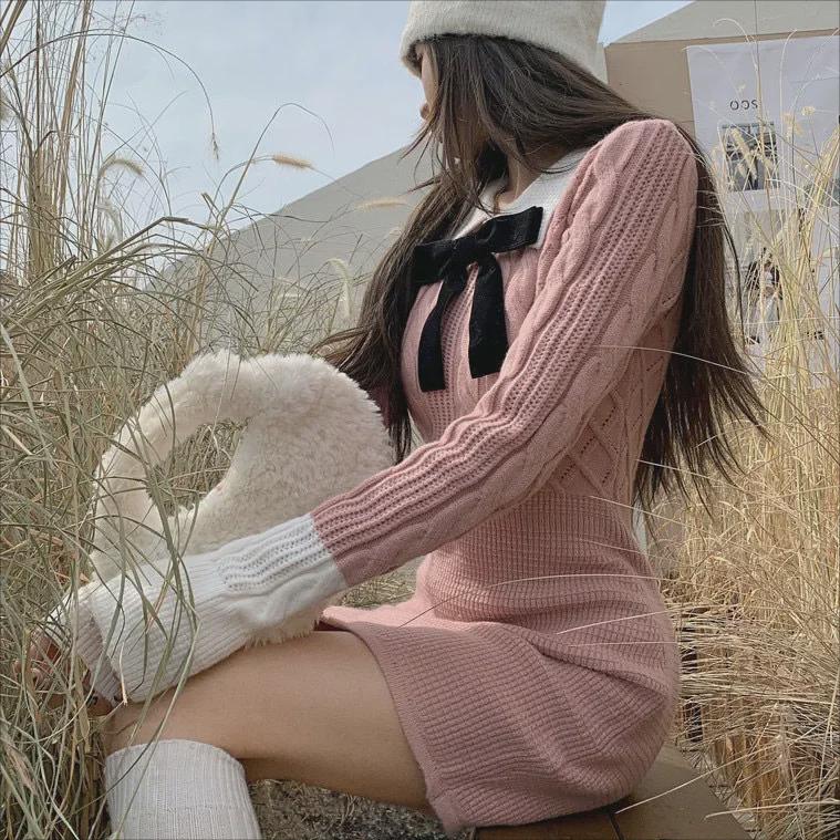 2022 New Women's College-Style Long-Sleeve Knitted Skirt - Korean Version for Autumn/Winter