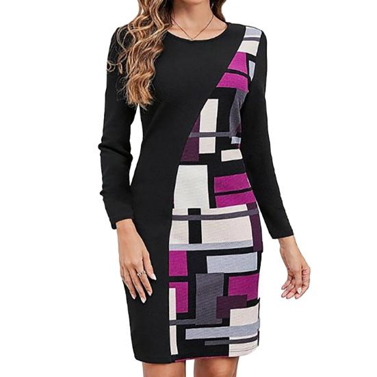 2024 Damen Frühlingskleid Farbblock Geometrischer Patchwork Rundhals Langarm Lockerer Pullover Weich Über Knie Länge Lässig Alltag Mini Kleid