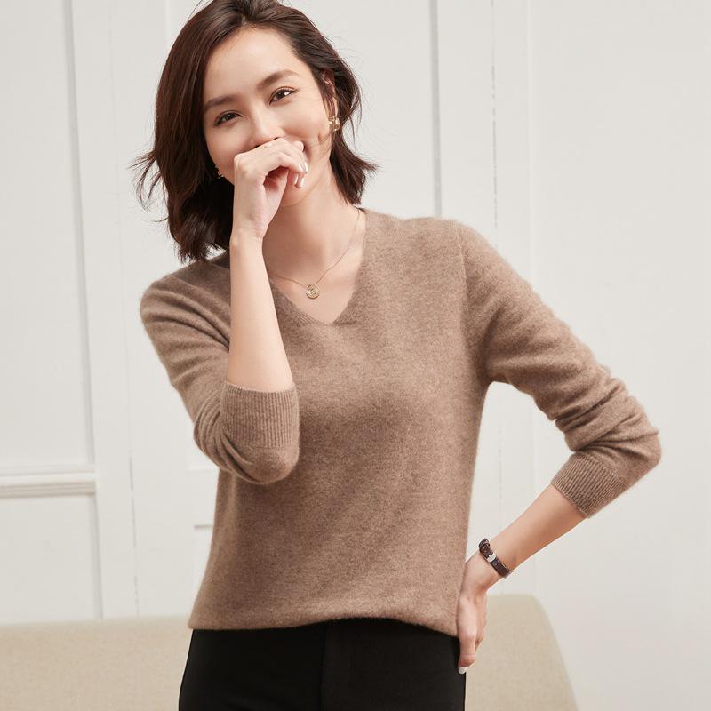 Leka Sha Women's Cashmere V-Neck Sweater, Autumn/Winter Long Sleeve, Slimming Fit, Elegant Wool Base Layer 2026