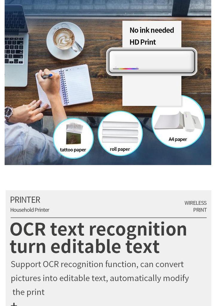 A4 Inkless Bluetooth Thermal Mini Printer for Tattoos, Documents, Photos, Office Labels.
