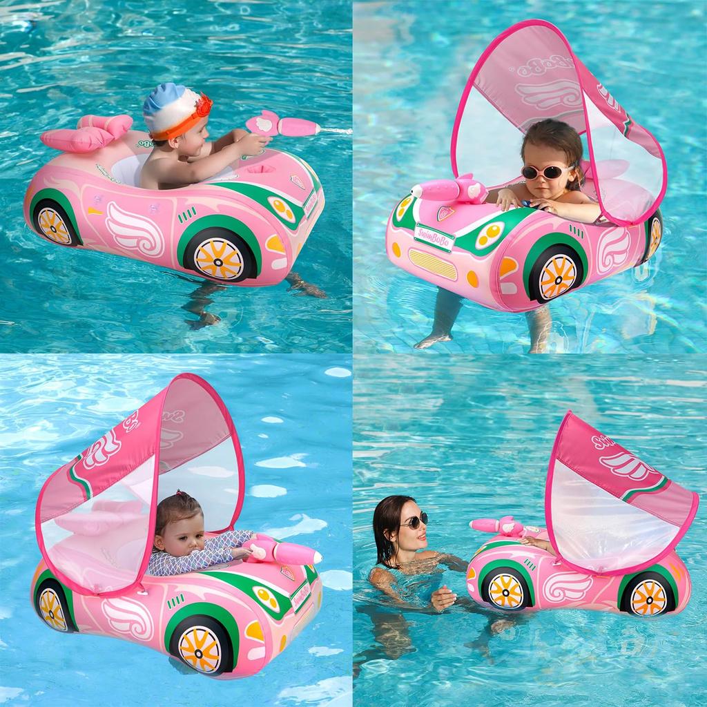Baby Swim Ring, Supercar Design, Foot-In Swim Ring for Infants, UV Protection SPF50+, Sunscreen, Removable Sunshade, Baby Float, Water Play, Suitable