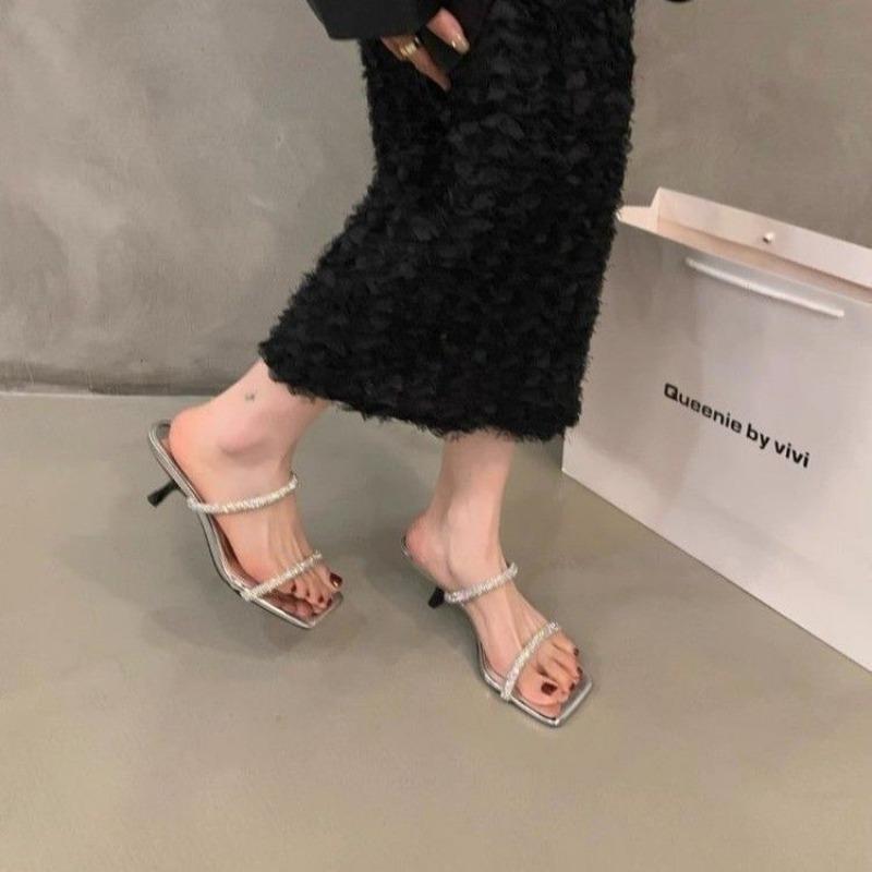 Casual fashion high heel one-word with sandals women's summer new wear square head thin heel rhinestone one-word drag