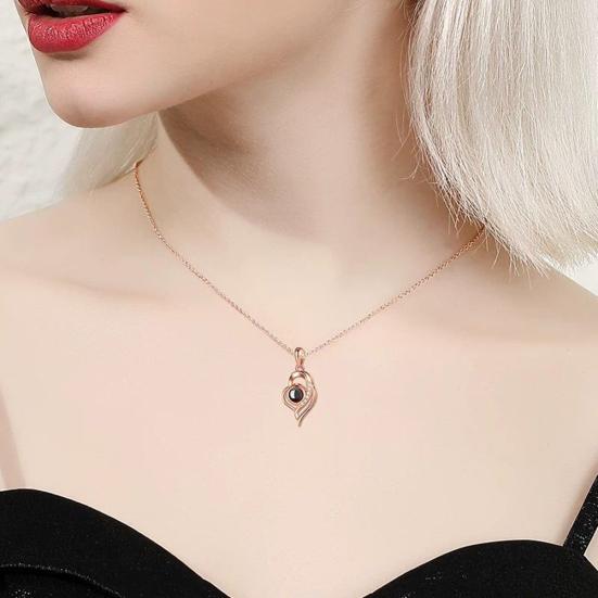 I Love You In 100 Languages Rhinestone Inlaid Hollow Heart Projection Necklace
