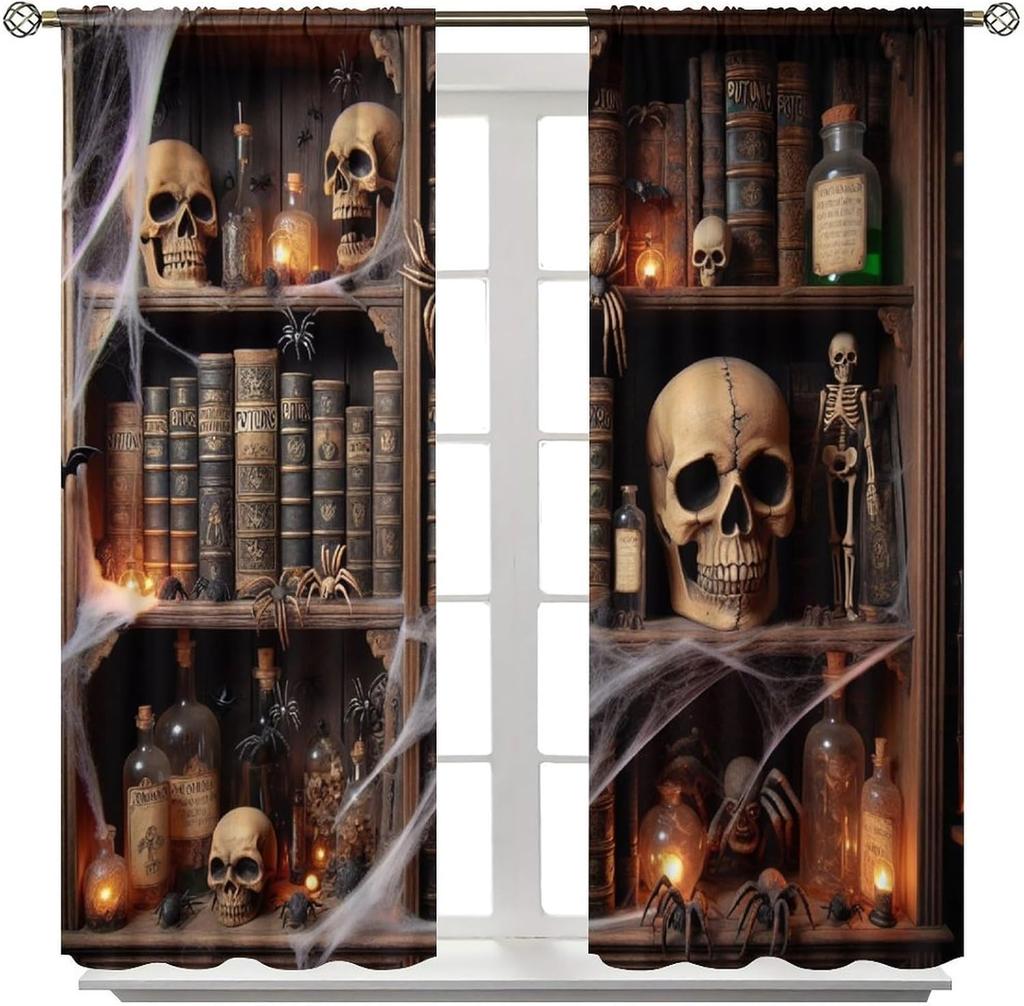 Gothic Bookshelf Curtain Antique Bookcase Spooky Skull Magic Book Halloween Themed Decor Window Kids Teens Adults Curtains Made Of Polyester