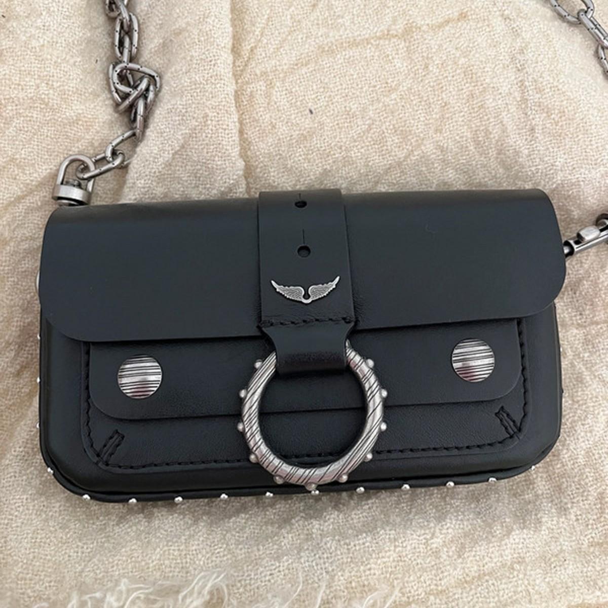 Schoolbag Women's Black Zv French Niche Design Classic Rivet Leather Chain Bag Simple Versatile Cowhide Mini Messenger Small Square Bag
