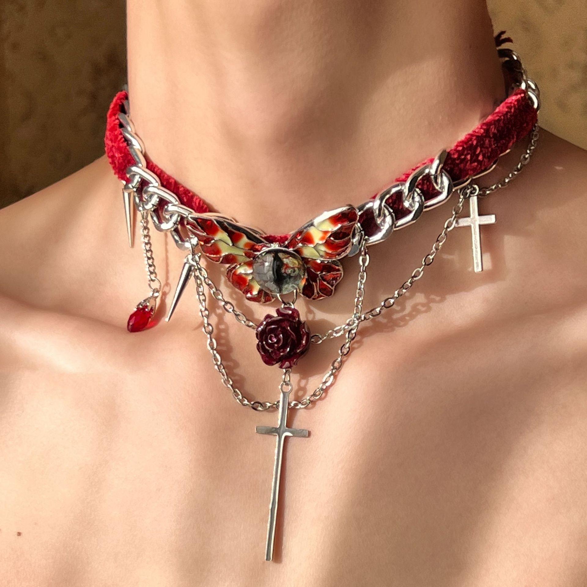Gothic Butterfly Cross Red Velvet Necklace Wrapped Sweet Cool Hottie Choker Niche Collarbone Chain Necklace