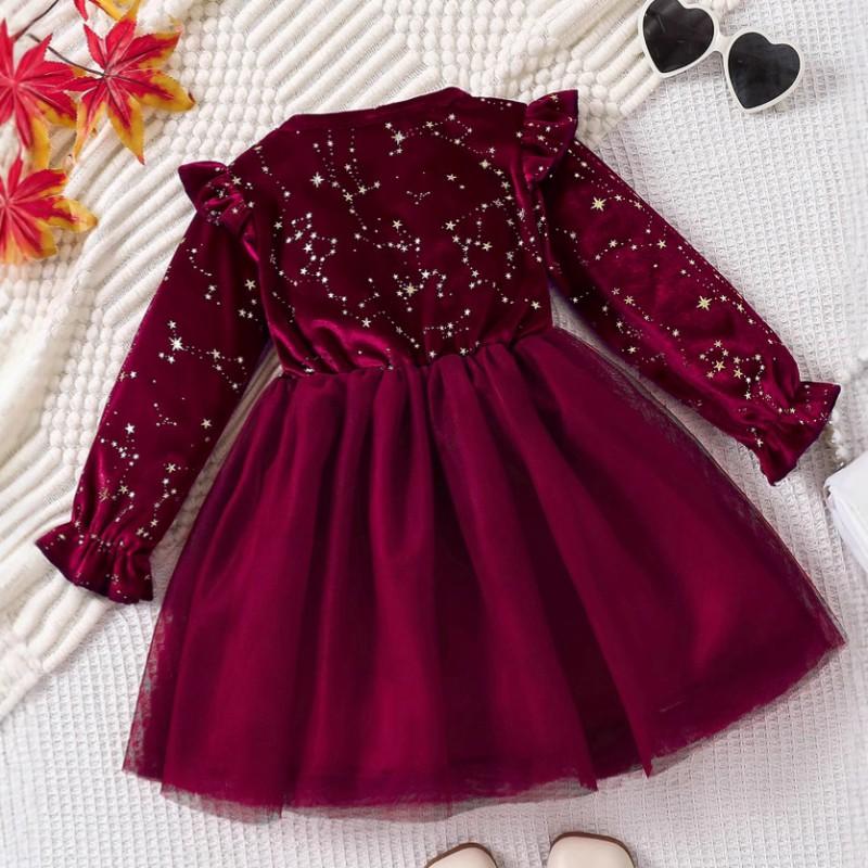 Girls Long Sleeve Velvet Dress Star Print Princess Style 3-8 Years Old Kids