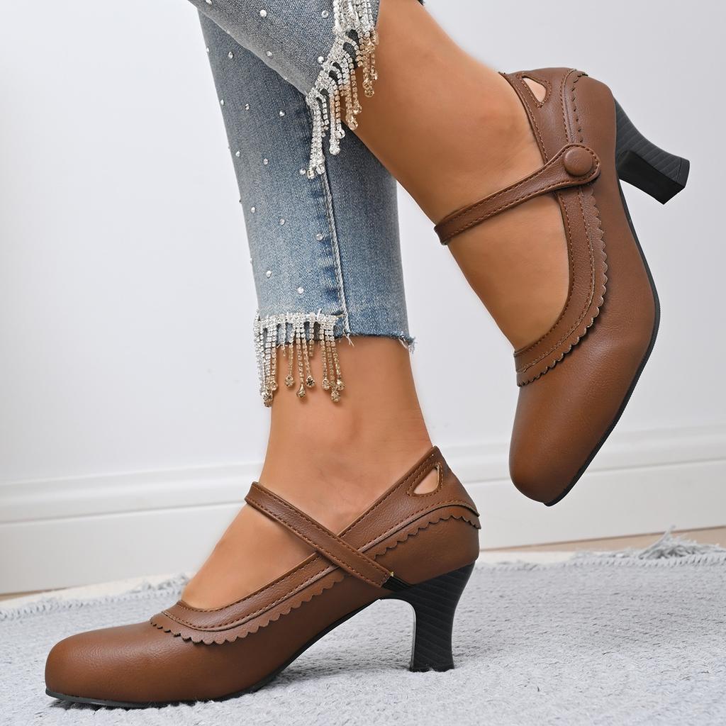 Größe 35-43 PU-Leder Damen High Heel Pumps Knöchelriemen Runde Spitze Elegante Schuhe für Damen Bequeme Schuhe Damenschuhe