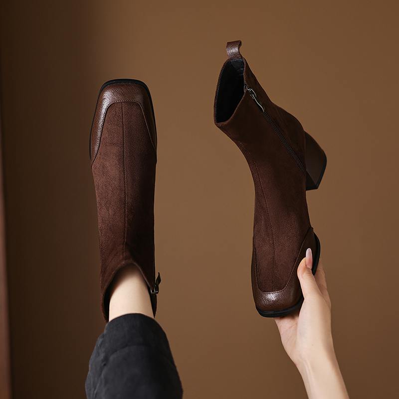 Krazing Pot Sheepskin Flock Winter Square Toe Chunky Heels Chelsea Fashion Boots Women Zip Patch Work Women Ankle Boots