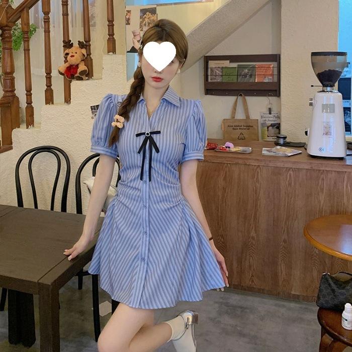 Blue Striped Shirt Dress Set Women's Summer New French Small Design Shorts Two-piece Set