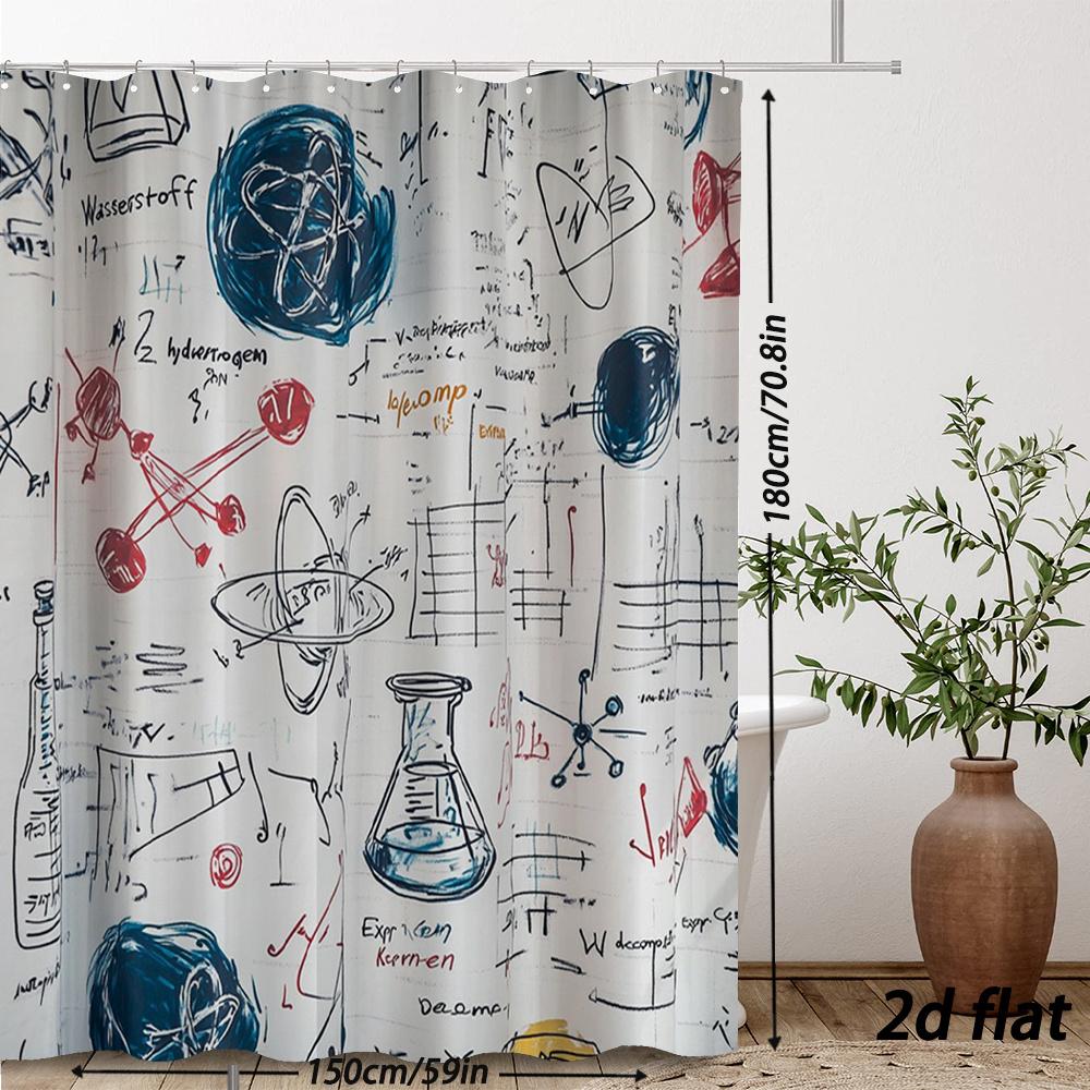 Wissenschaftliches Labor Duschvorhang Physik Chemie Skizzen Design Becher Atom Formel Polyester Badezimmer Dekoration 70,8 x 70,8 Zoll 12 Haken