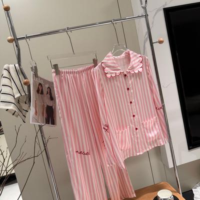 1011 New Striped Long-sleeved Pajamas Women's Spring and Autumn Korean Version Sweet and Cute Ice Silk Loungewear Suit Can Be Worn Outside