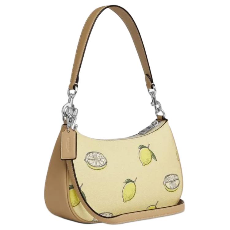 Coach Pale Yellow Lemon Print Canvas Convertible Hobo Shoulder Bag for Daily Use