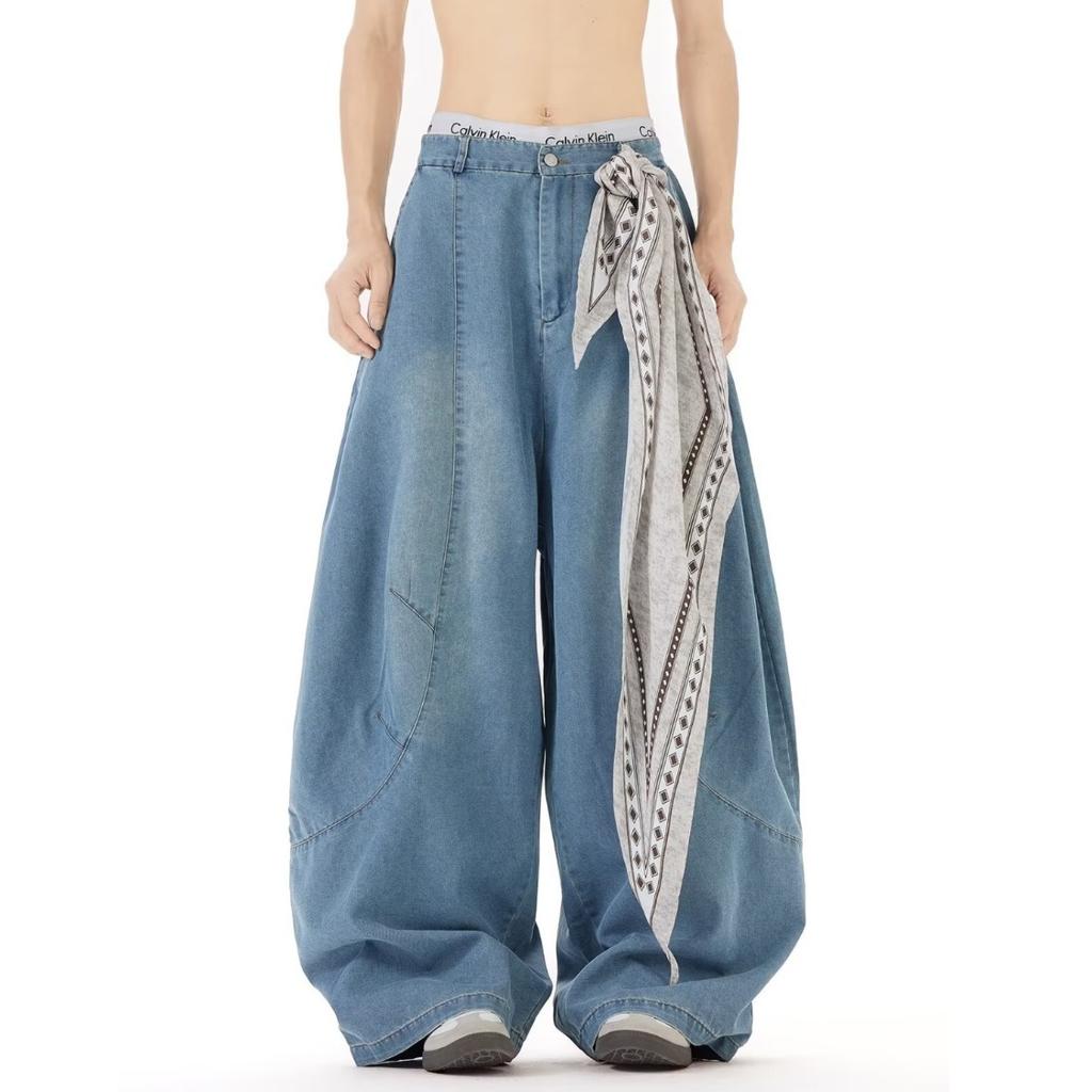 Men's Mid Rise Washed Cat Whisker Barrel Jeans Loose Wide Leg Denim Pants American Vintage High Street Y2K Casual Four Seasons Long Trousers