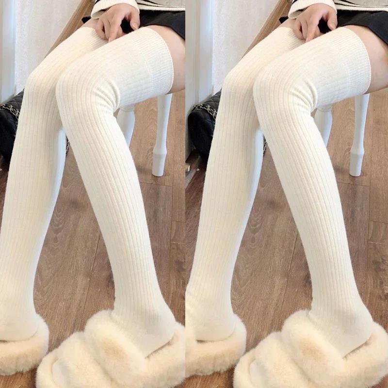 Autumn Winter Cashmere Solid Knitted Stocking Skinny Casual Knee High Fluffy Warm Thicken Girls Socks Women Soft Wool Long Socks