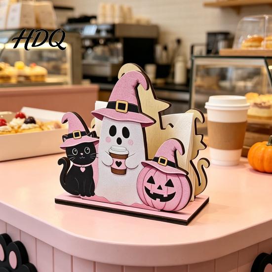 Festive Tissue Paper Organizer Halloween Wooden Napkin Holder, Cute Pastel Pumpkin Ghost Black Cat Tabletop Dispenser, Kitchen Holder Waterproof