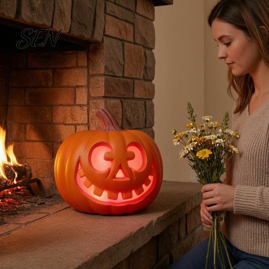 Resin Pumpkin Lamps LED Halloween Light, Light Up Jack O Lantern Decor, Color Ghost Face Lights Gradient Glowing Lamp for Yard Porch Window