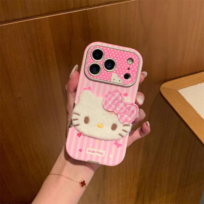 Fashion Pink Stripe Cute Hellokitty Phone Case For iPhone 17 Pro 16 15 14 Pro Max Cover with Hand Strap Shockproof Protective Ca