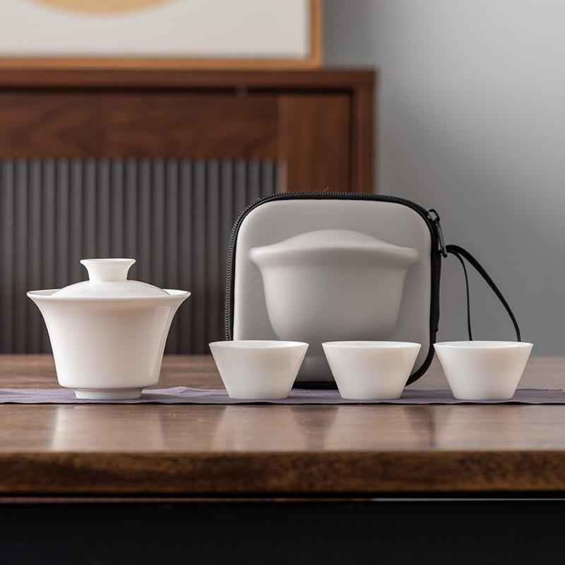Travel Tea Set Cover Bowl Teacup Portable Express Cup Outdoor Kung Fu Tea Set Suet Jade White Porcelain Companion Gift
