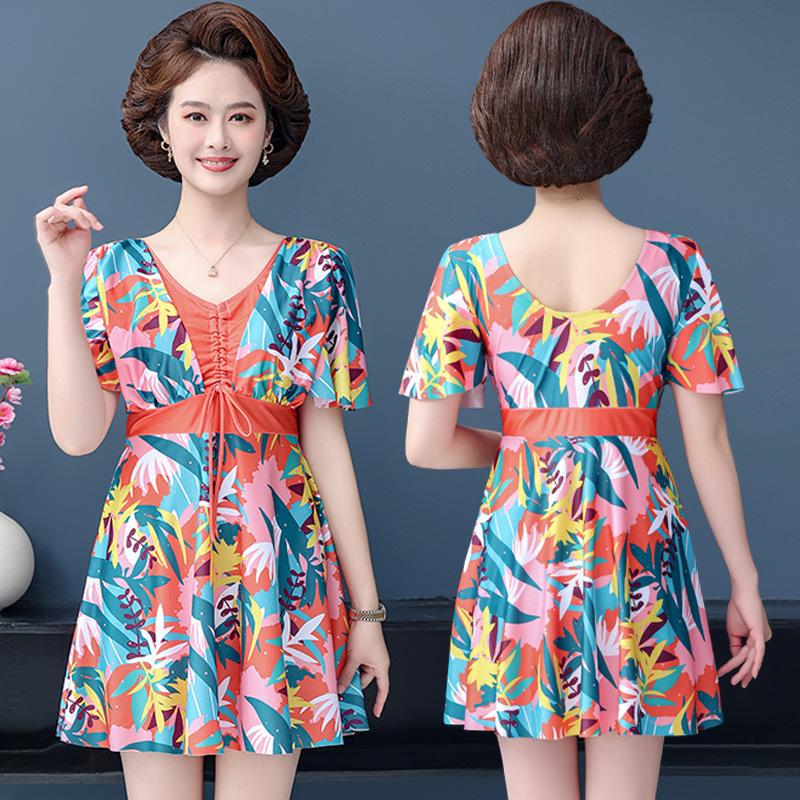 Large Size Middle Aged Women Two Pieces Modest Swimsuit Printed Drawstring Swim Dress Boyshorts Swimwear Set Short Sleeves Hot Spring Bathing Suit