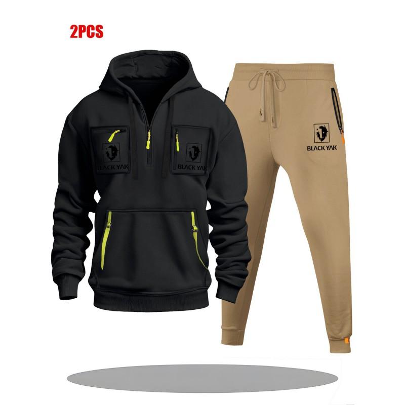 Mens Hoodie Sweatshirt Set Solid Color Multi-Zipper Pockets Casual Wear