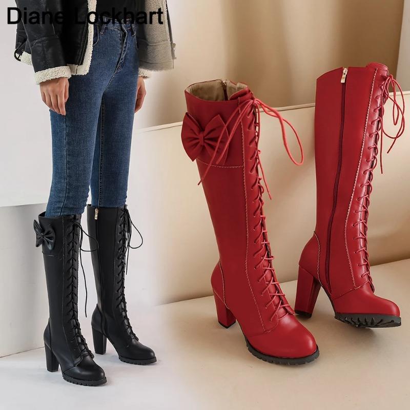 Fashion Winter Sweet Women Knee High Boots PU Leather Round Toe 7cm High Block Heels Bowtie Lace-up Lolita Lady Zipper Long Riding Boots